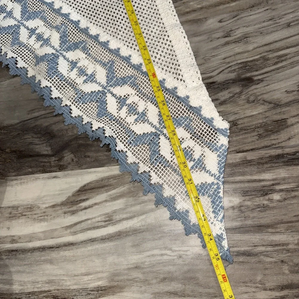 Set of 2 Vintage Curtain Curtains Blue Lace Cream Blue Cottage Crochet Lace
